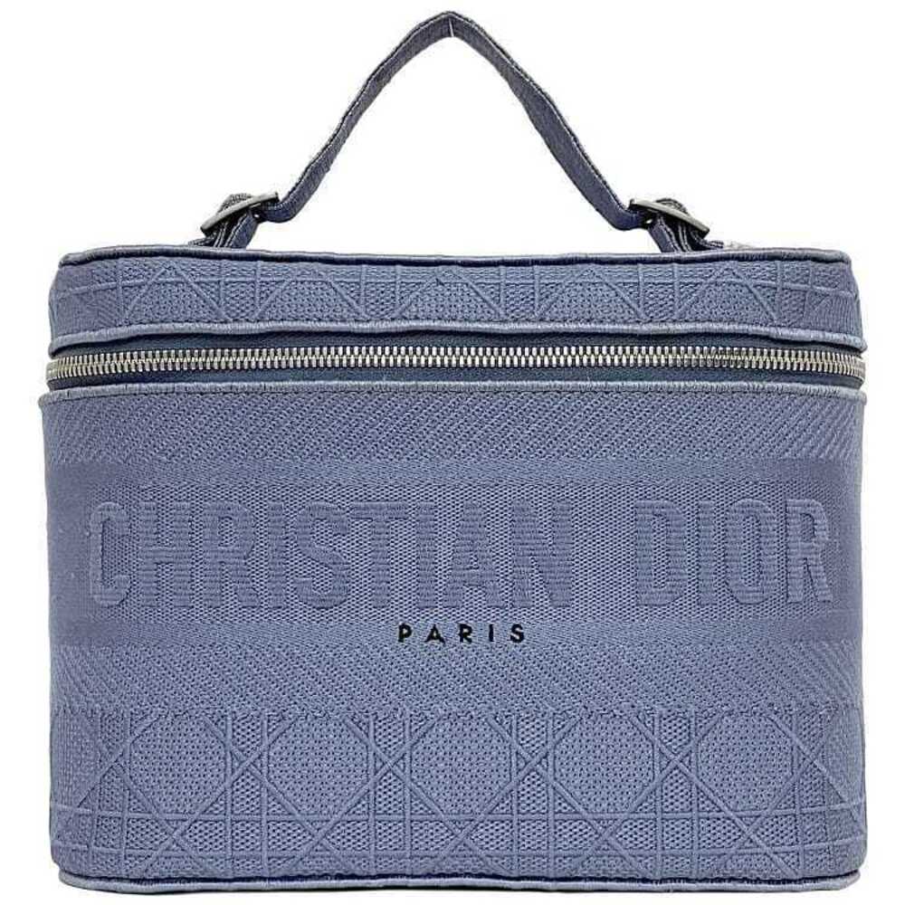 Christian Dior Handbag Vanity Bag Cannage Canvas Embroidered Zipper Double Blue